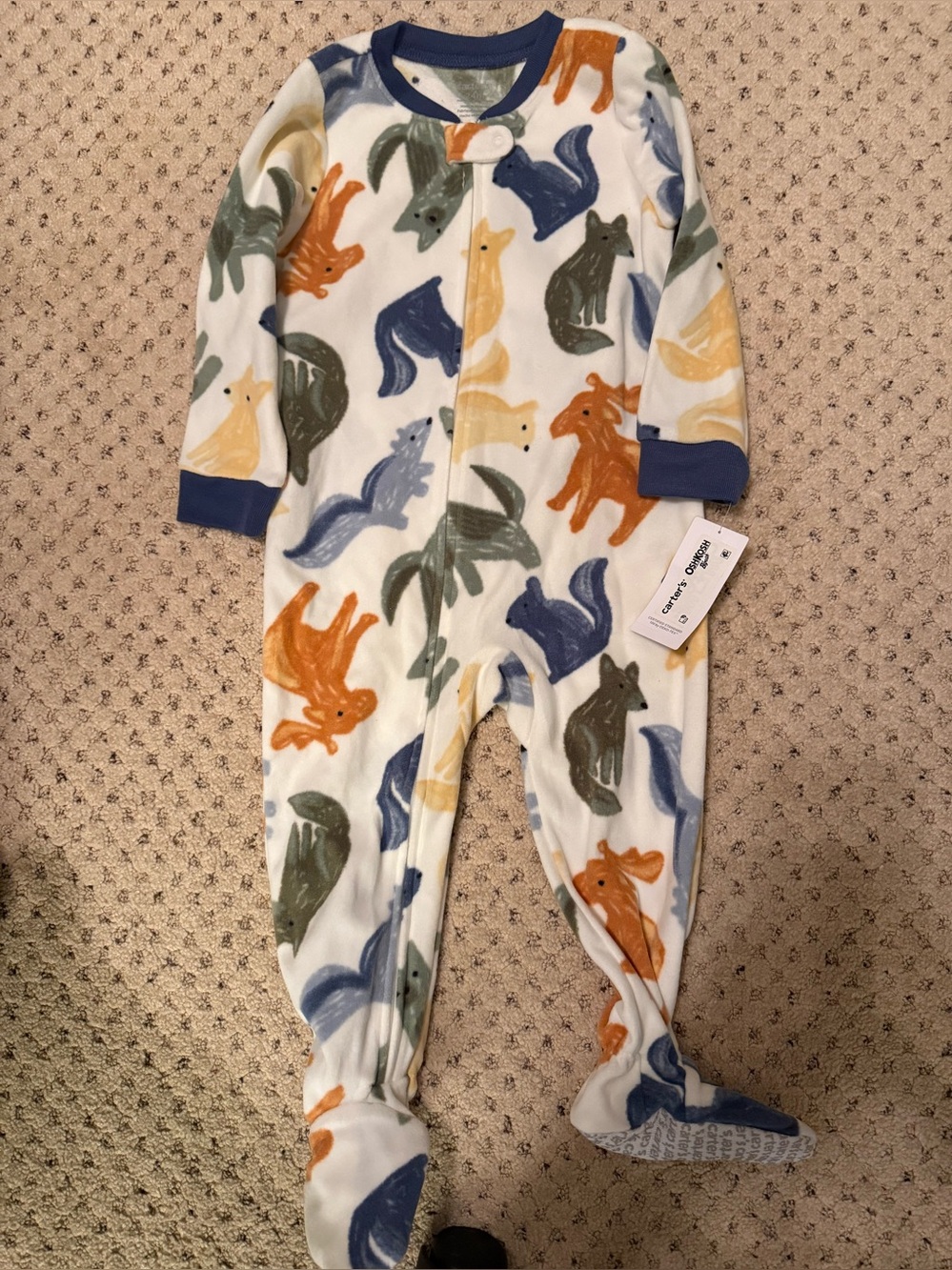 Cozy Multi-Animal Print Kids One-Piece Footed Pajamas - Blue Trim